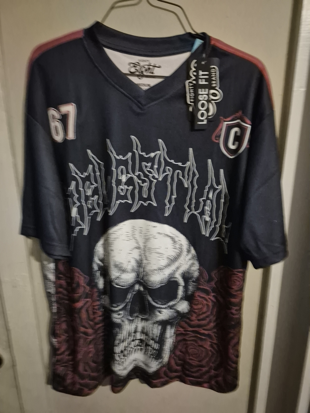 Eighty Eight Black Skull Graphic V-Neck Shirt with Red Rose Accents